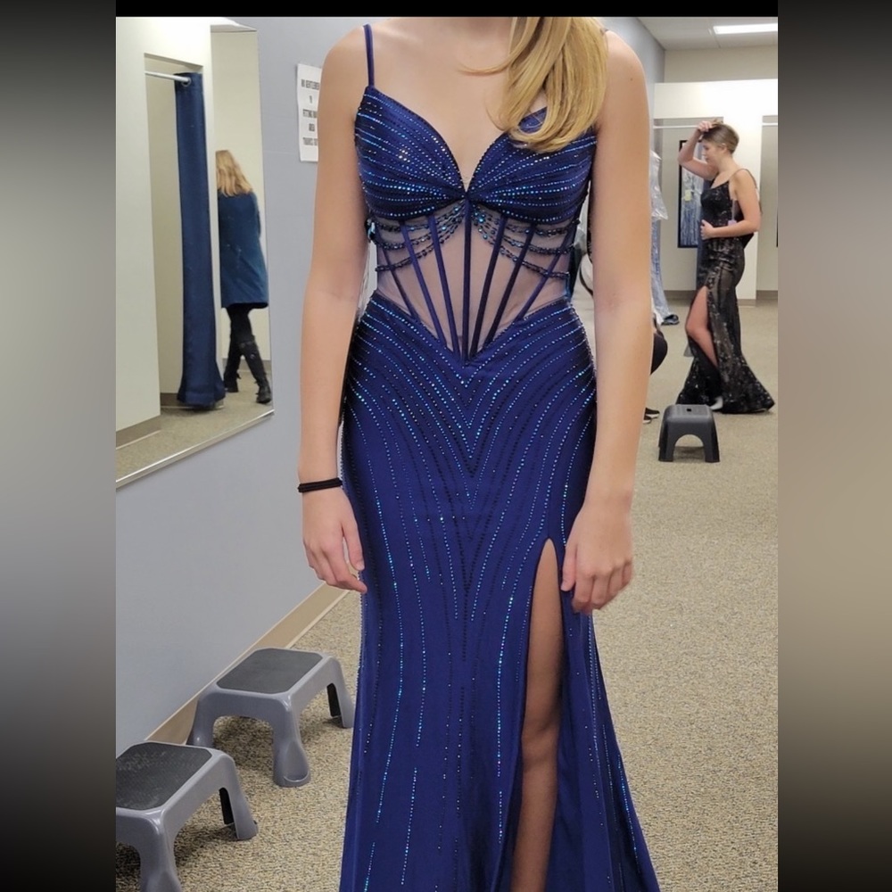 ellie wilde Royal Blue Beaded Prom Gown with Sheer Corset